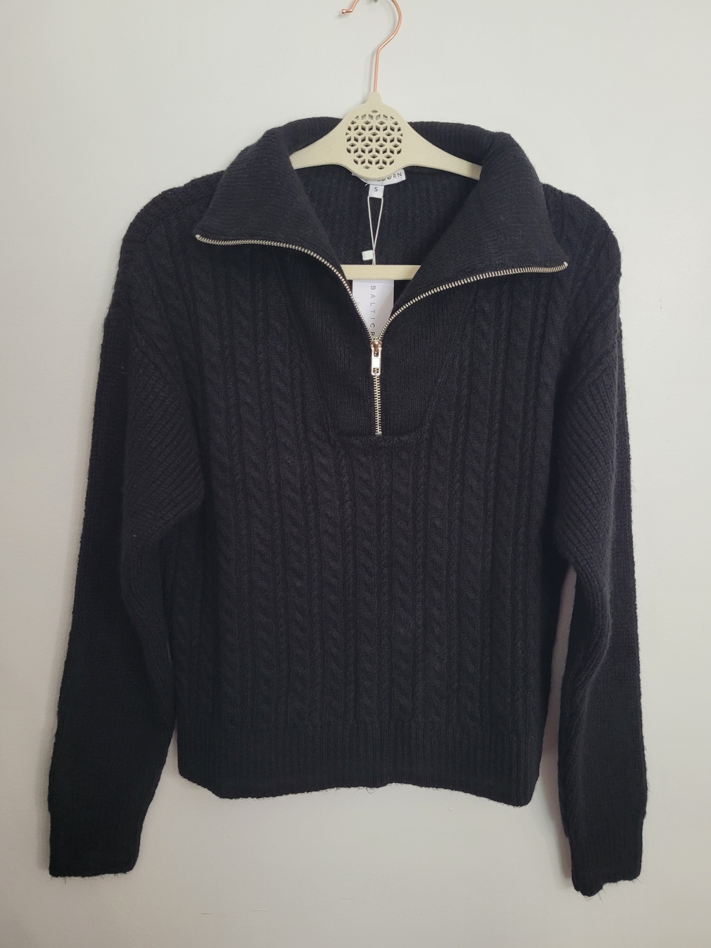 Baltic Born Womens Black Cable-Knit Half Zip Mock Neck Pullover Sweater S